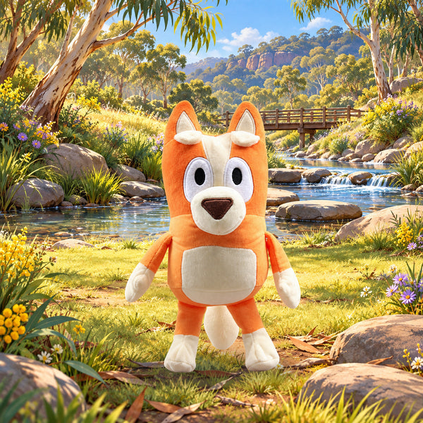 Bingo 28 cm plush near a colorful creek