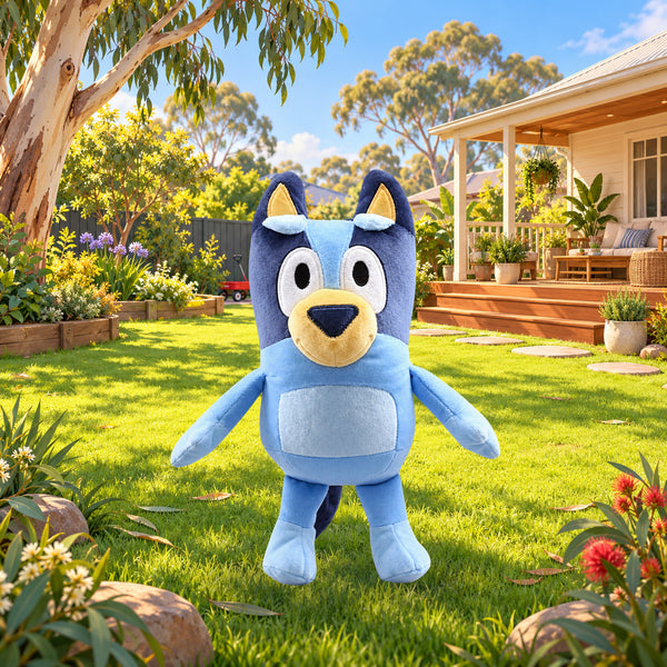 Bluey 28 cm plush in a sunny backyard
