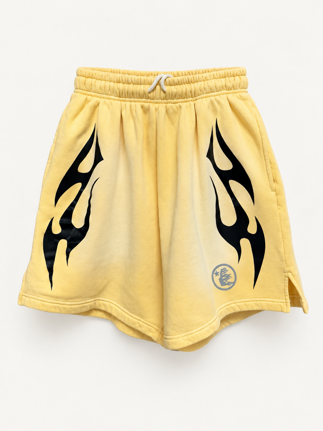 Hellstar Yellow Flame Warm Up Shorts front studio view.
