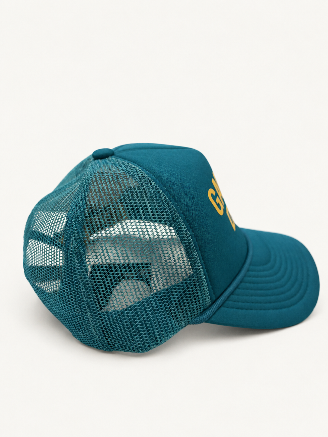 Gallery Dept Blue Yellow Logo Trucker Cap side studio view.