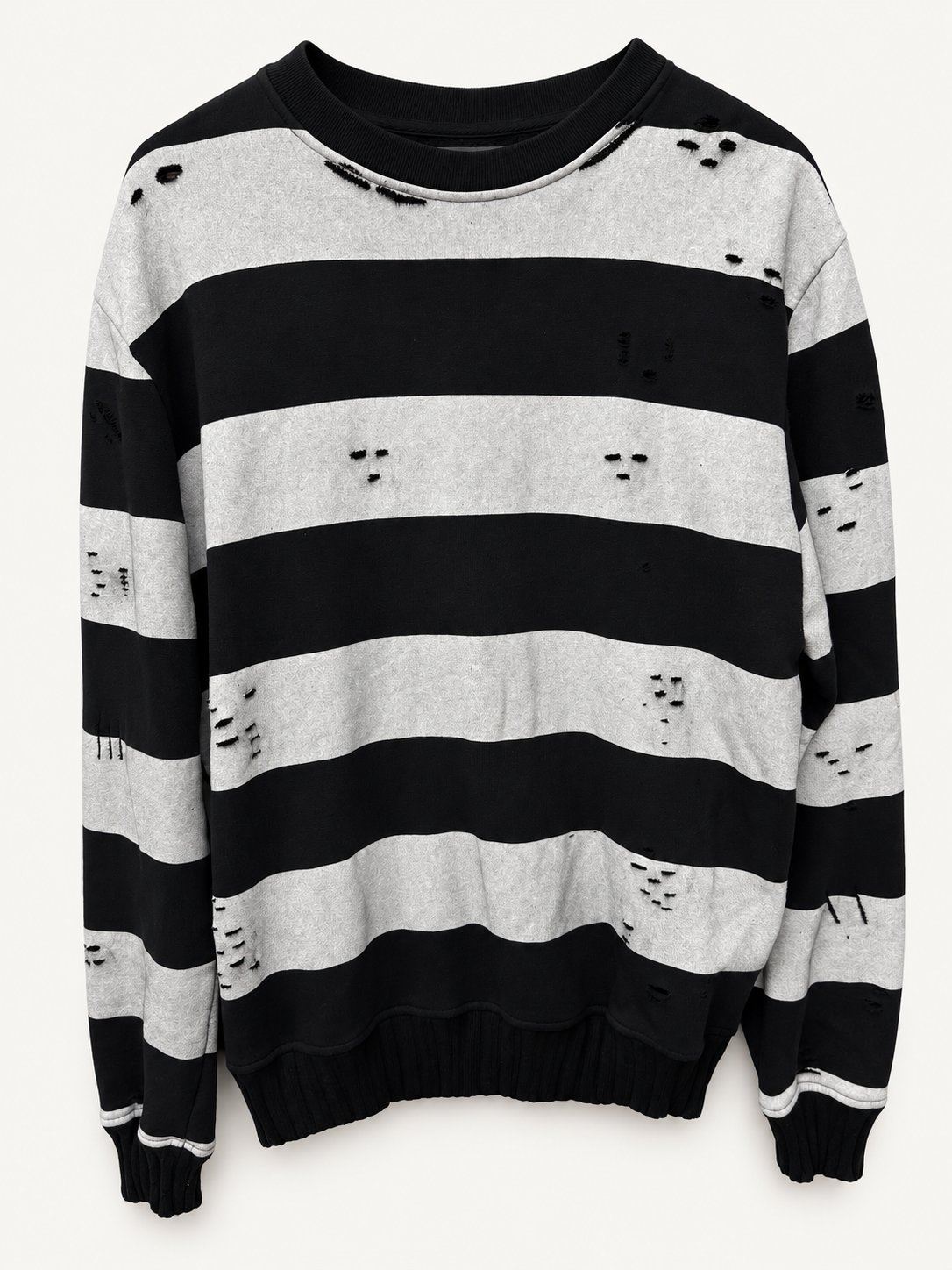 Amiri Grey Black Distressed Stripe Crewneck front studio view.
