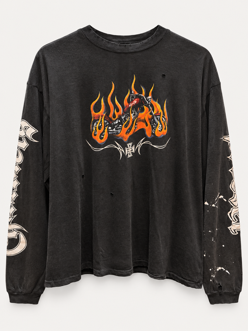 HMDD Biker Fire Flame Washed Black Long Sleeve Tee