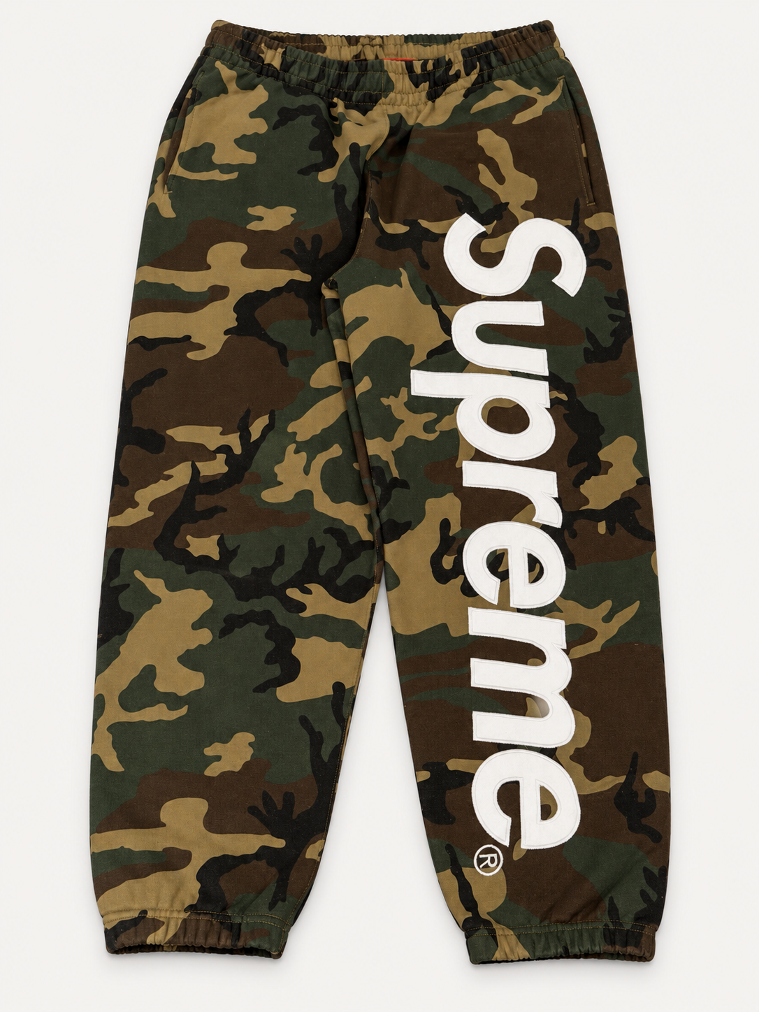 Supreme Satin Logo Green Camo Sweatpants SS26