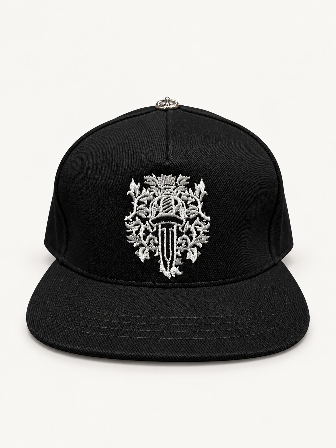 Chrome Hearts Black White Trucker Cap studio view.