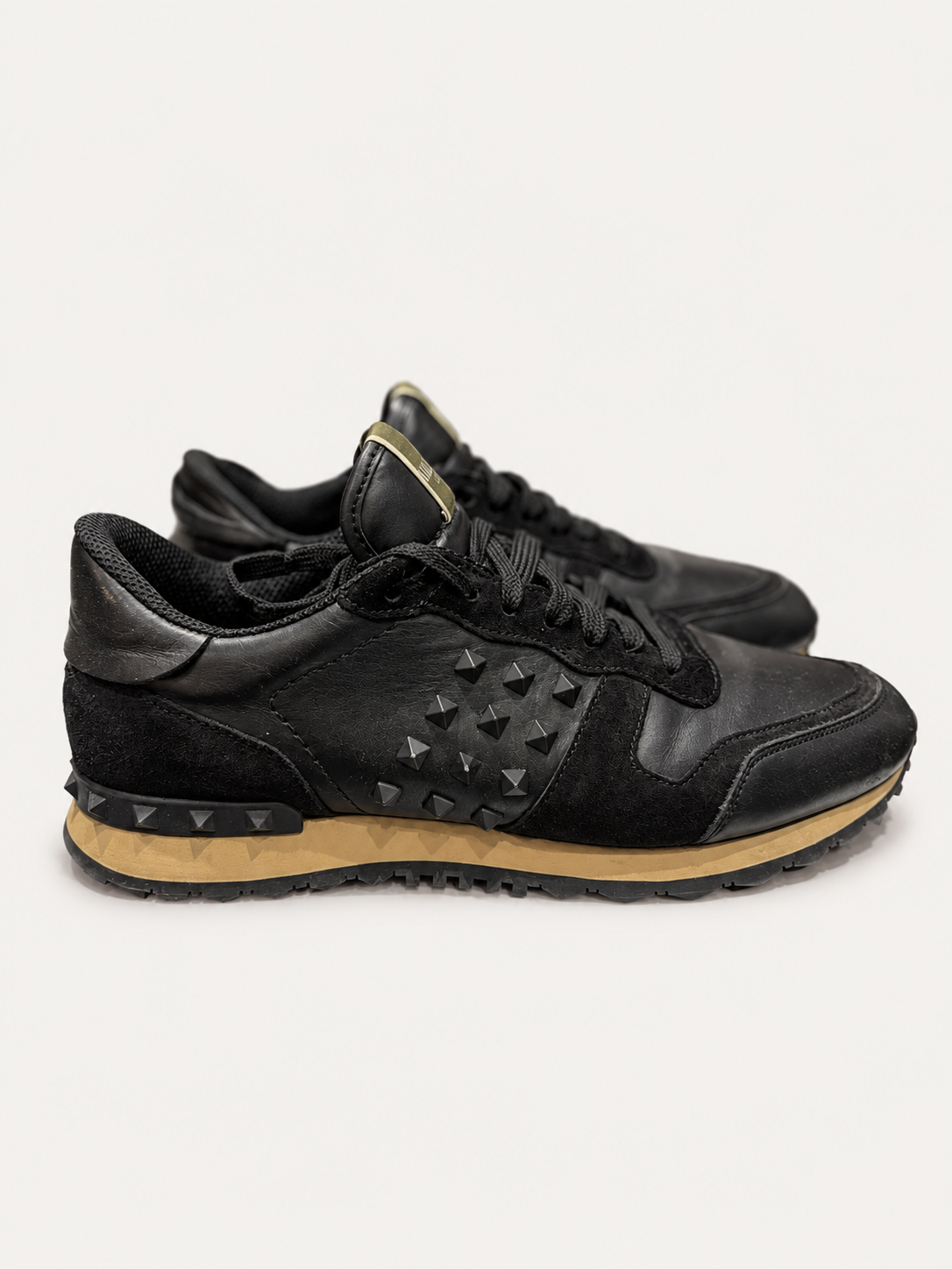 Valentino Garavani Black Leather Suede Studded Sneakers
