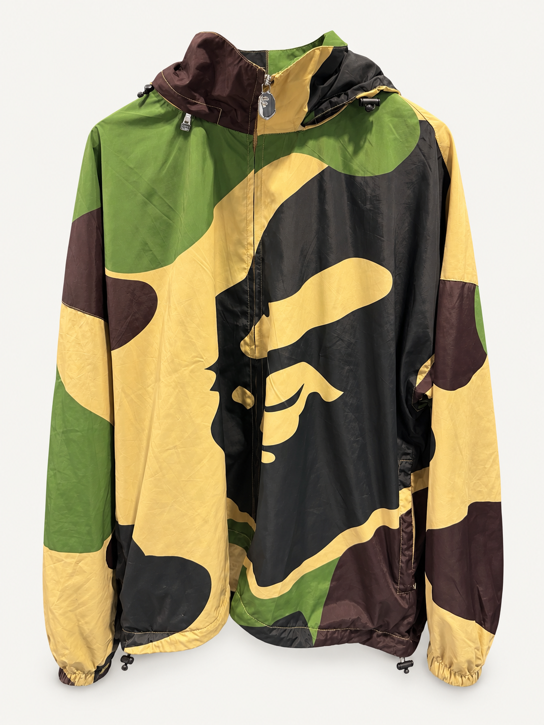 Bape Green Camo Zip Windbreaker front studio view.