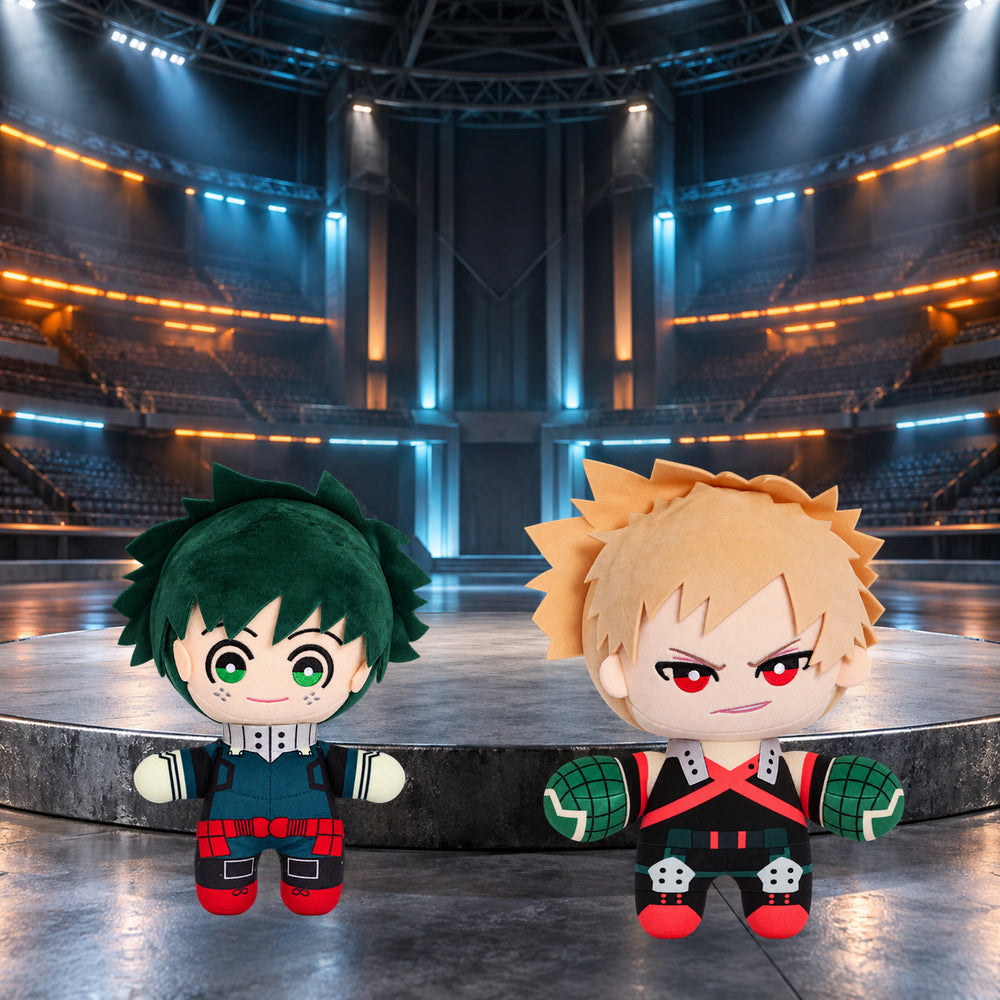 Deku and Bakugo 25 cm plush duo in a realistic hero stadium