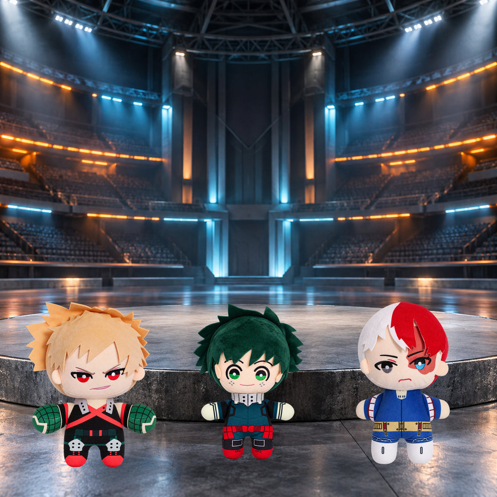 Deku Bakugo and Todoroki 25 cm plush bundle in a realistic hero stadium