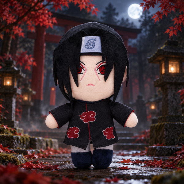 Itachi Uchiha 30 cm plush at a moonlit forest shrine