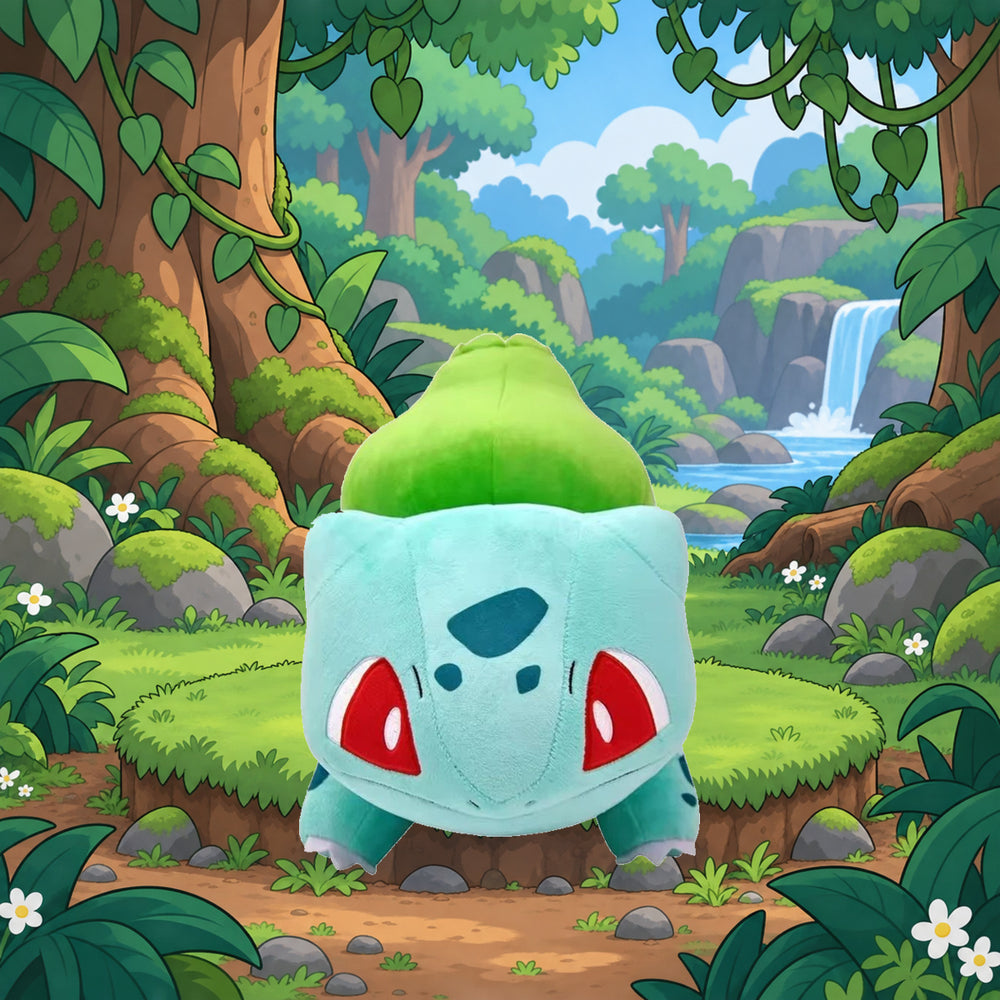 Bulbasaur plush in a grass forest cartoon biome