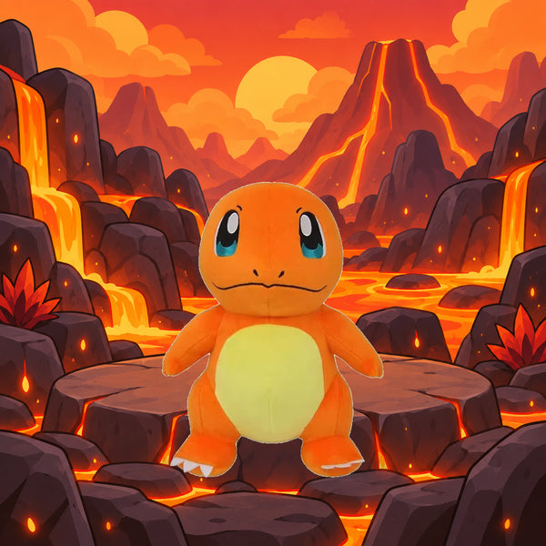 Charmander plush in a fire cartoon biome