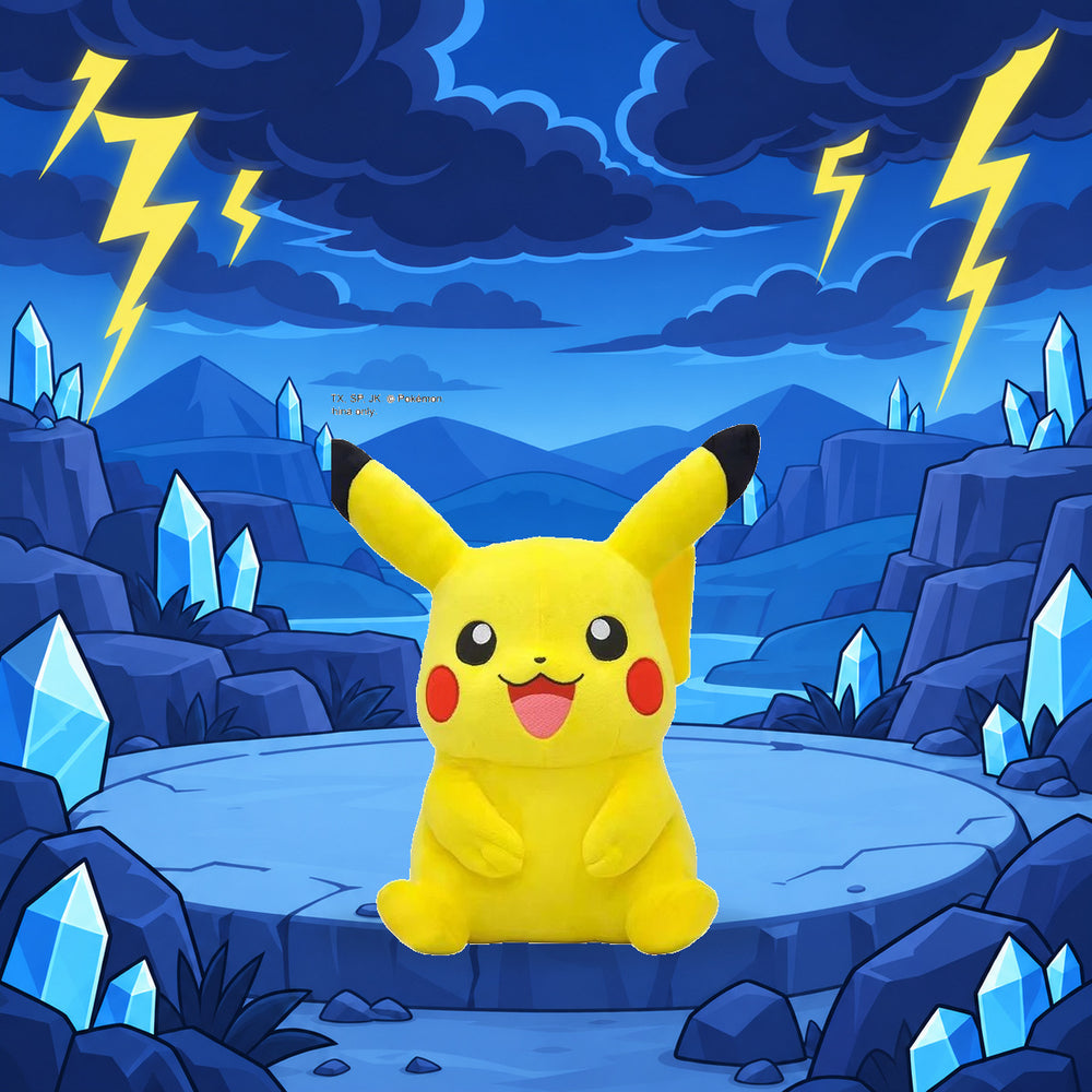 Pikachu plush in an electric cartoon biome