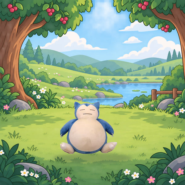 Snorlax plush in a peaceful meadow cartoon biome