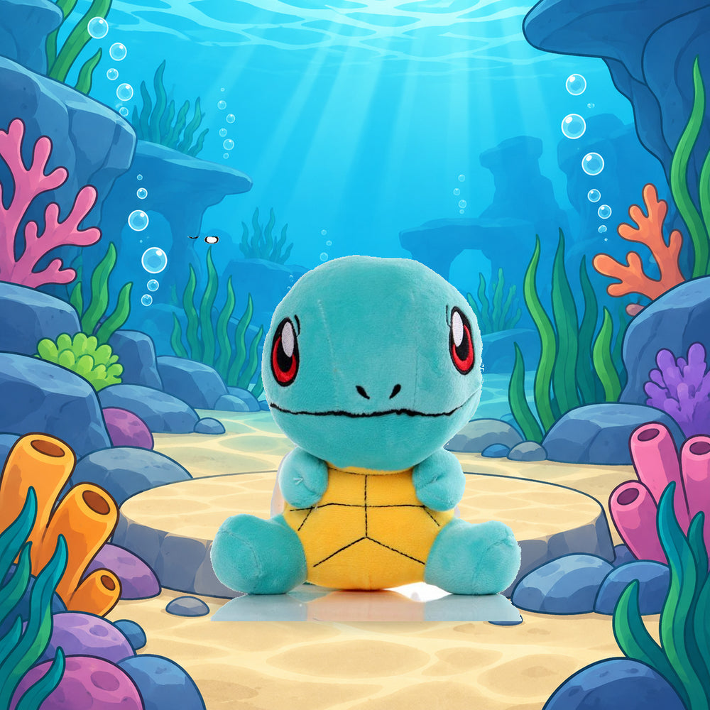 Squirtle plush in a water cartoon biome