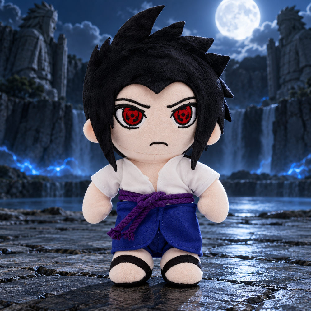 Sasuke Uchiha 30 cm plush in a moonlit arena