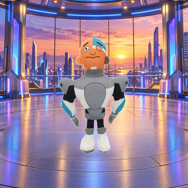 Cyborg Plush on a clean futuristic tower background