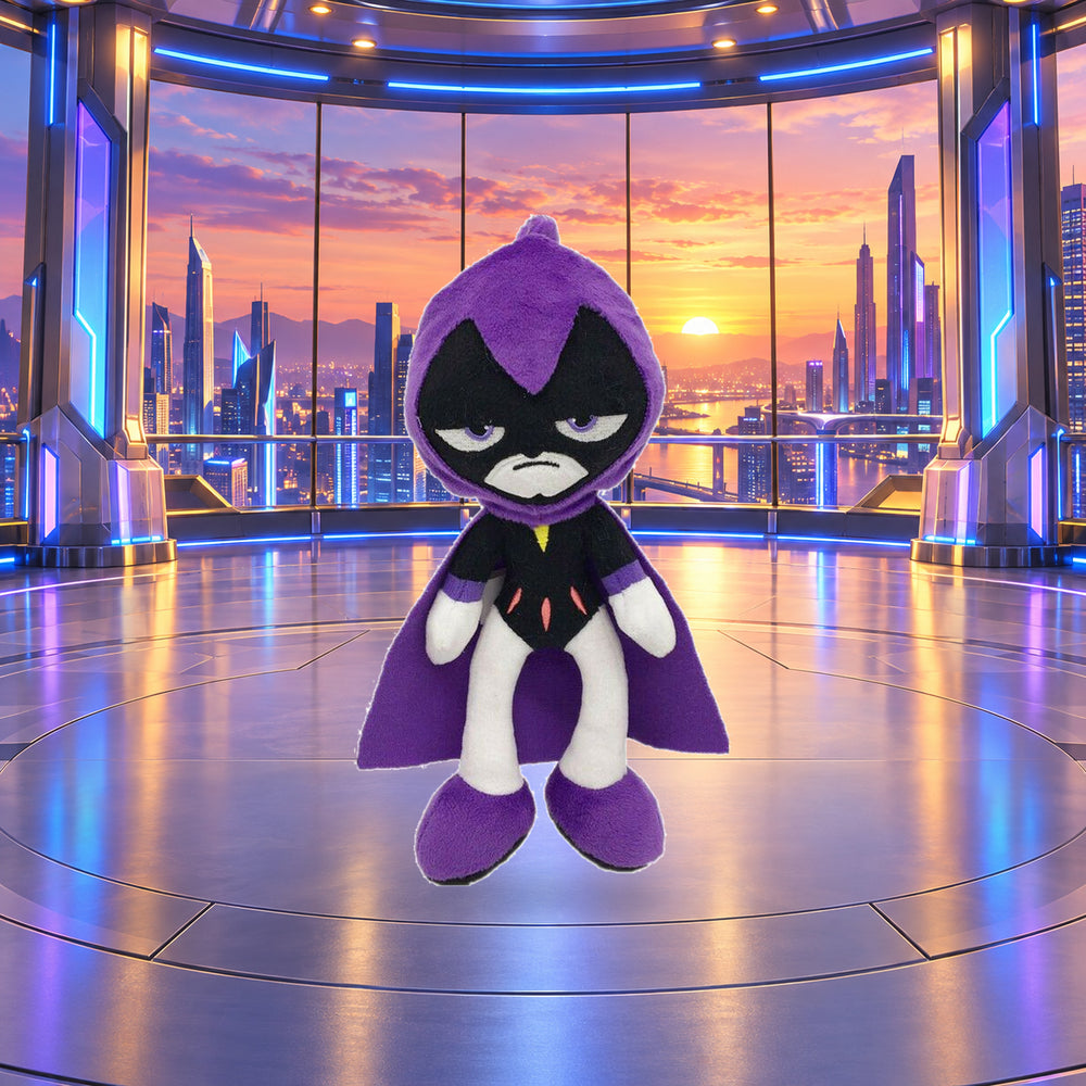 Raven Plush on a clean futuristic tower background