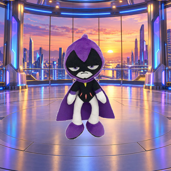 Raven Plush on a clean futuristic tower background