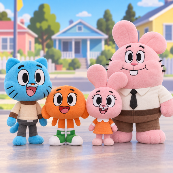 Four piece Watterson family plush bundle on a colorful Elmore inspired background