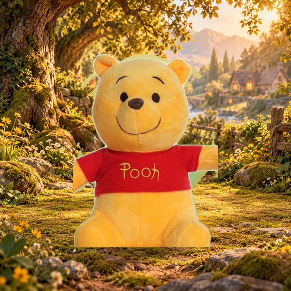 Winnie the Pooh Plush on premium storybook woodland background