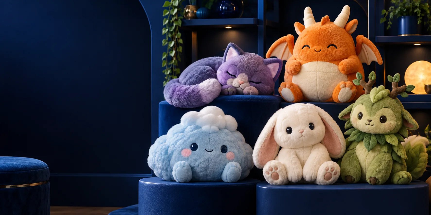A colorful premium display of soft collectible plush characters